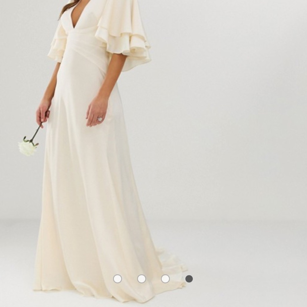 Satin paneled wedding dress with flutter sleeve